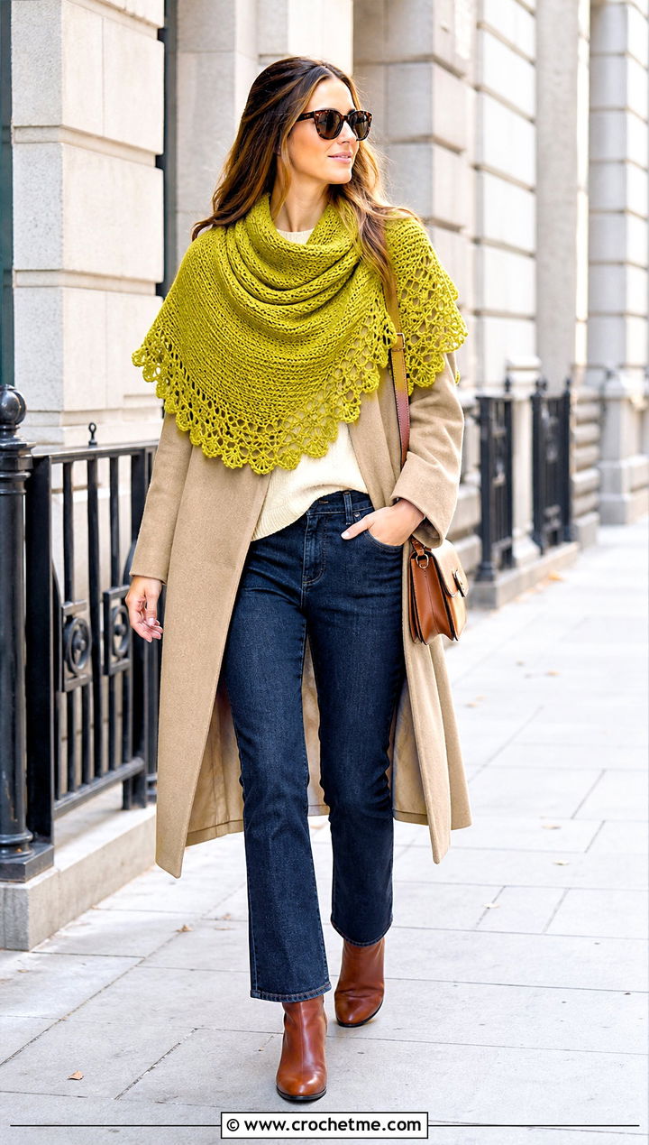 Crescent Crochet Shawl With Trench Coat And Ankle Boots - 35 easy crochet shawl outfit ideas