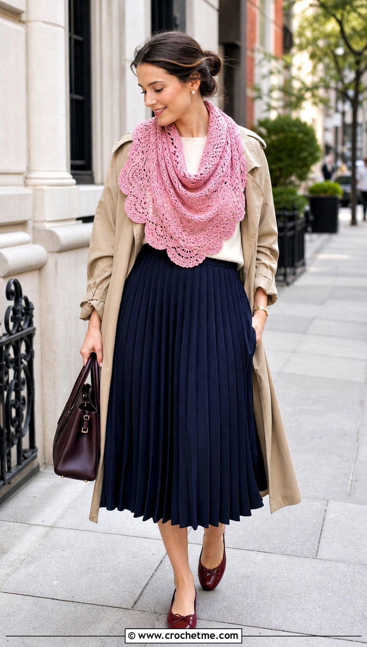 Crescent Crochet Shawl With Trench Coat And Midi Skirt - 15 Crochet Shawls And Ponchos outfit ideas