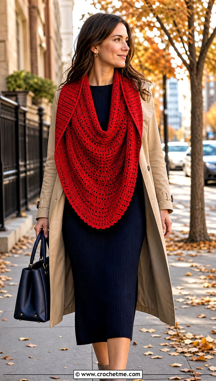Crescent Crochet Shawl With Trench Coat - 25 Simple Crochet Shawl outfit ideas