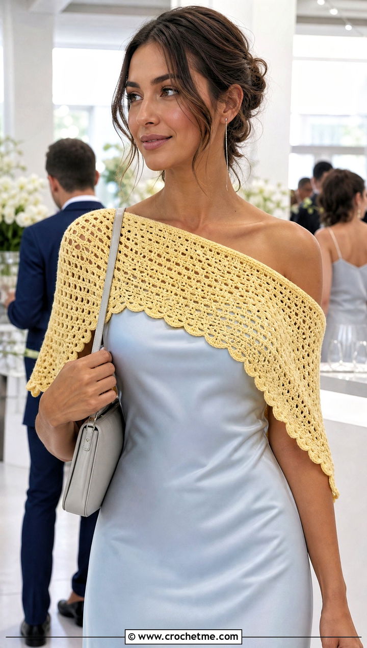Crescent Crochet Shoulder Shawl With Slip Dress - 25 Crochet Shoulder Shawl outfit ideas