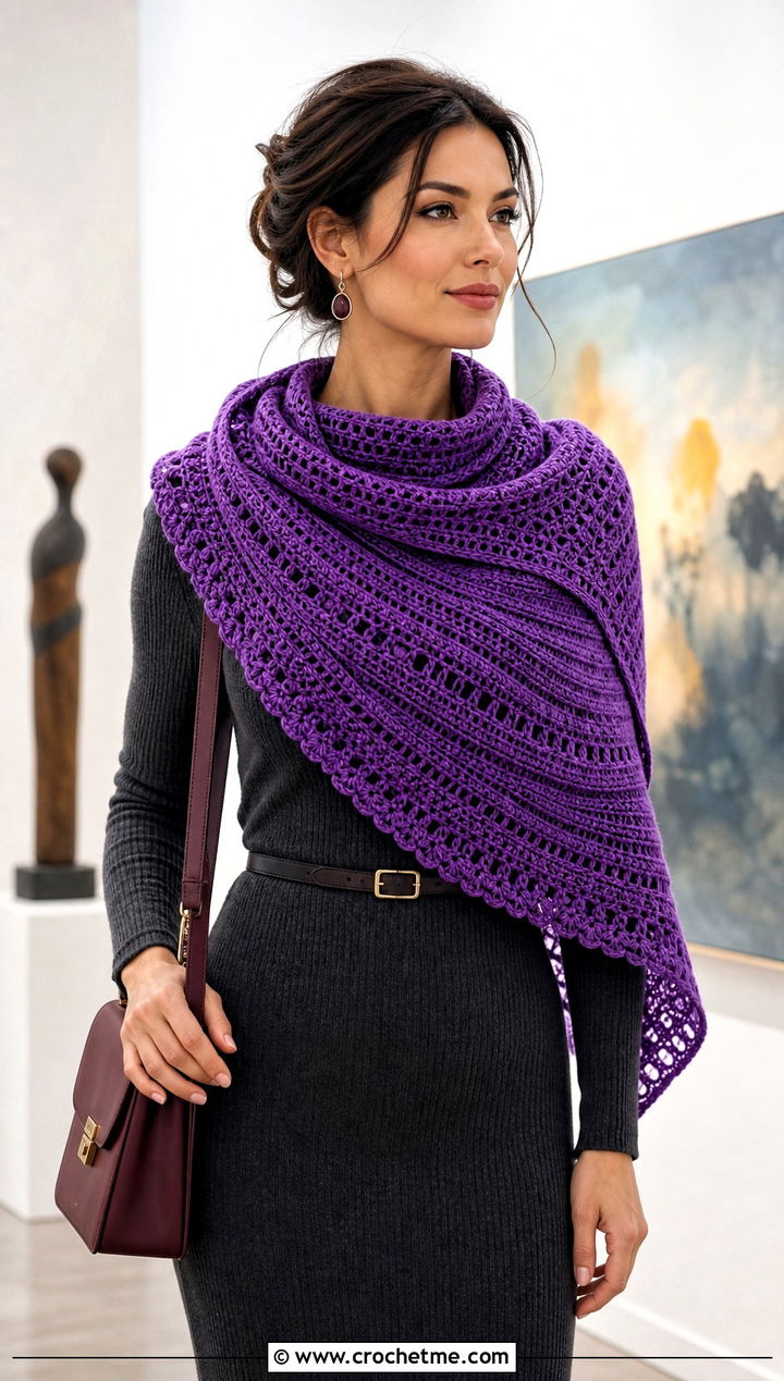 Crescent Crochet Winter Shawl With Sweater Dress - 15 Crochet Winter Shawl outfit ideas