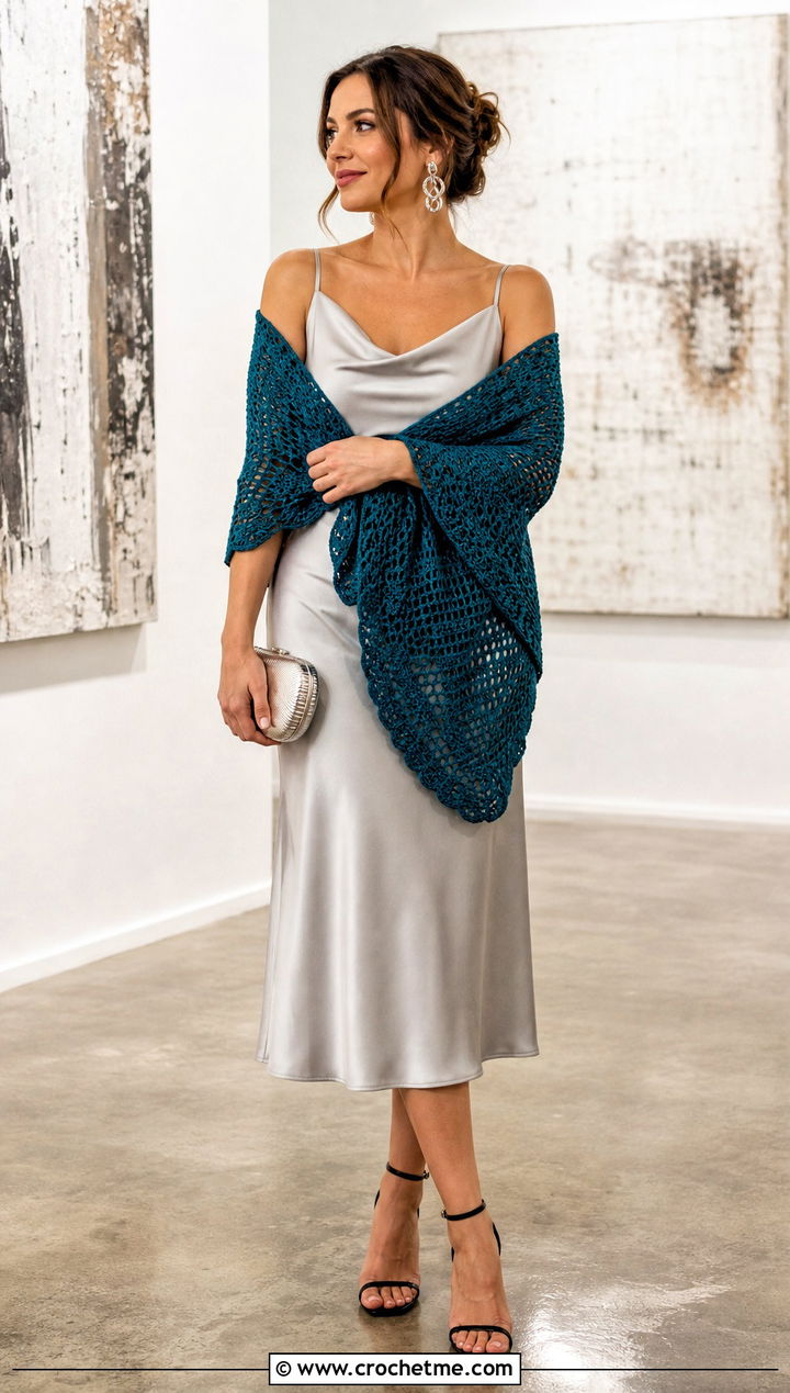 Crescent Crochet Wrap Shawl With Slip Dress - 35 crochet wrap shawl outfit ideas