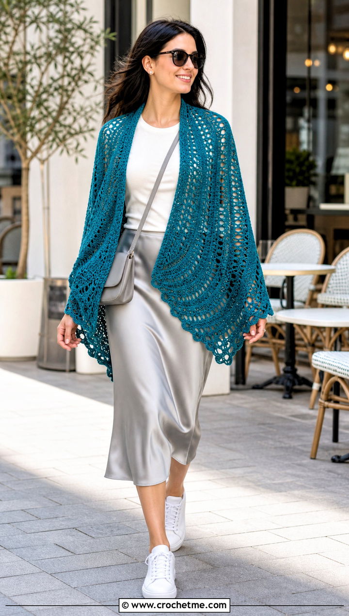 Crescent Crochet Wrap With T Shirt And Satin Midi Skirt - 15 Crochet Spring Wrap outfit ideas