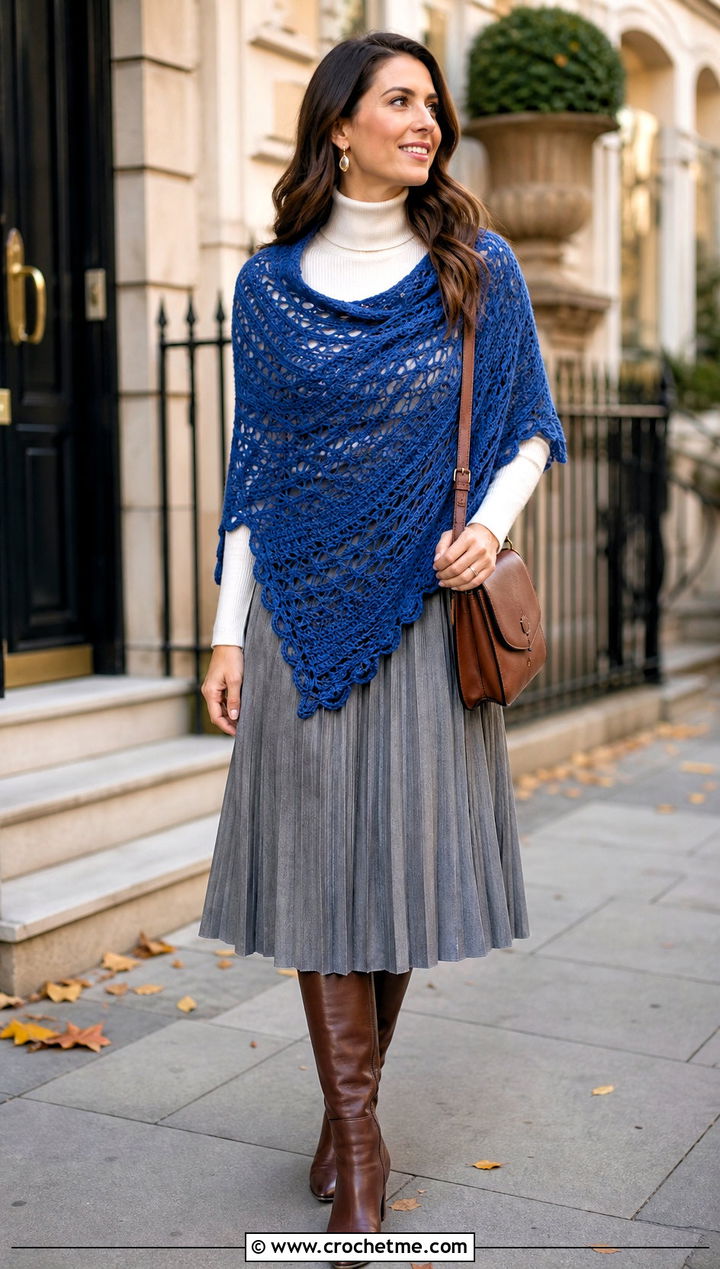 Crescent Crocheted Shawl With A Sweater And Midi Skirt - 20 Crocheted Shawl outfit ideas
