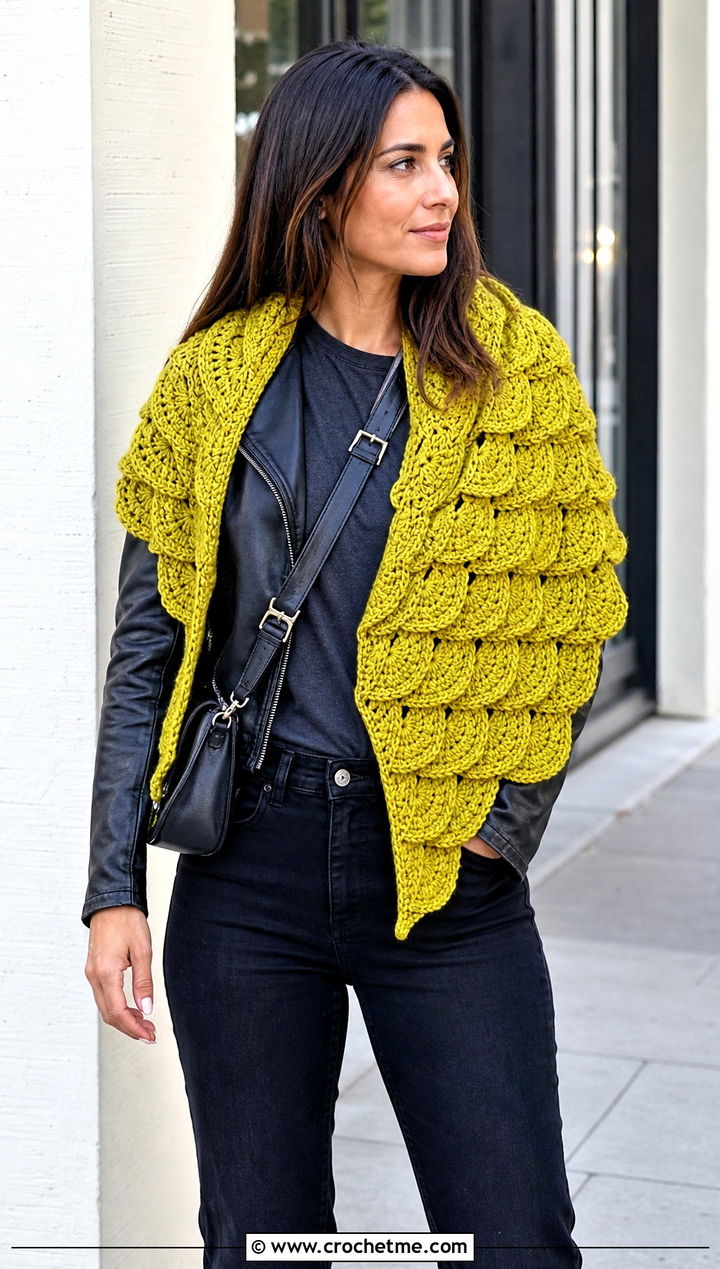 Crescent Crocodile Stitch Shawl With Leather Jacket - 15 crocodile stitch crochet shawl outfit ideas