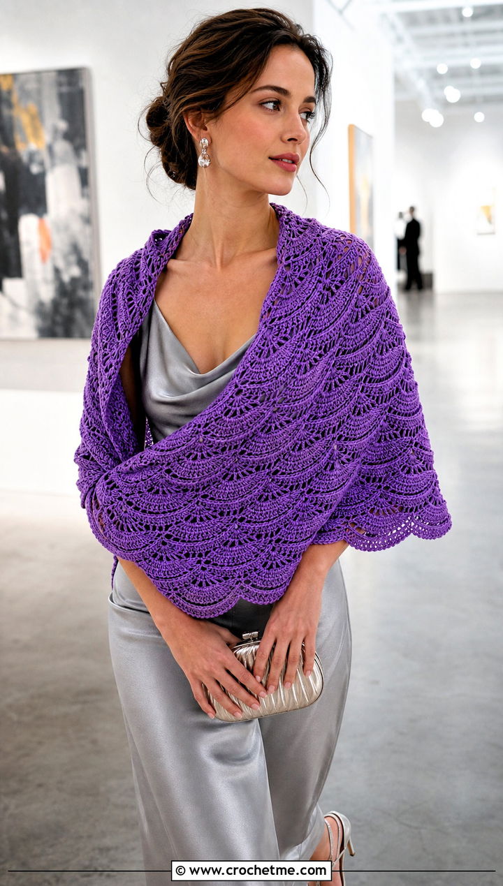 Crescent Fan Stitch Shawl With Slip Dress - 20 Crochet Fan Stitch Shawl outfit ideas