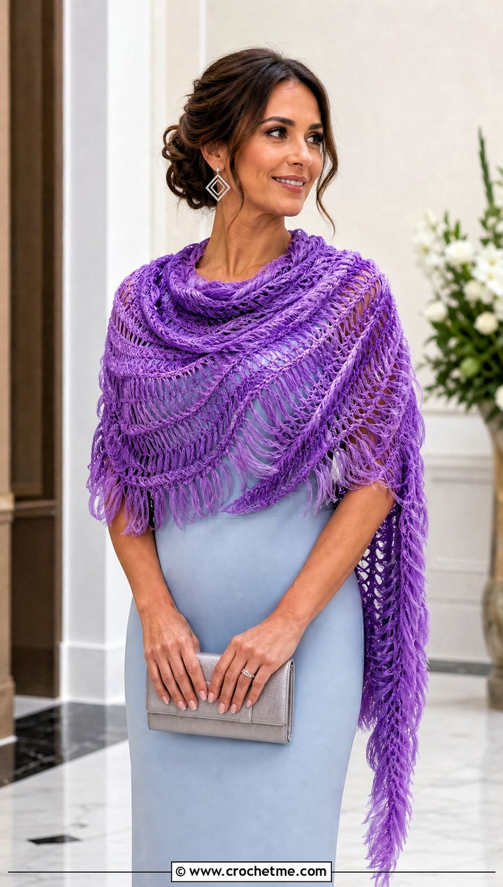 Crescent Feather Crochet Shawl With Column Dress - 30 crochet feather shawl outfit ideas