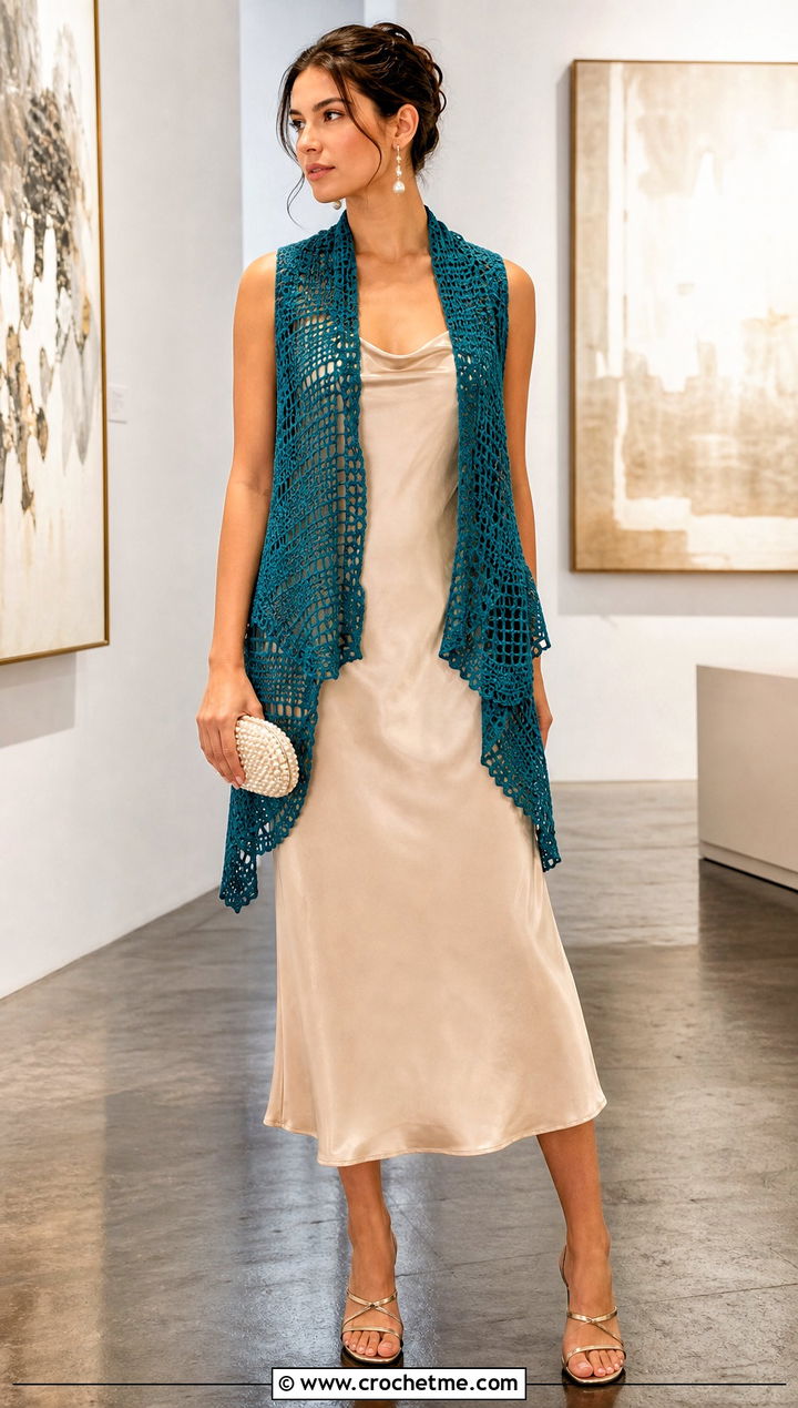 Crescent Filet Crochet Shawl Vest With Satin Slip Dress - 25 crochet shawl vest outfit ideas