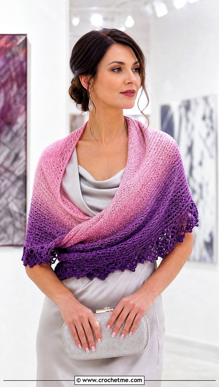 Crescent Gradient Shawl With Satin Midi Dress - 15 Crochet Gradient Shawl outfit ideas