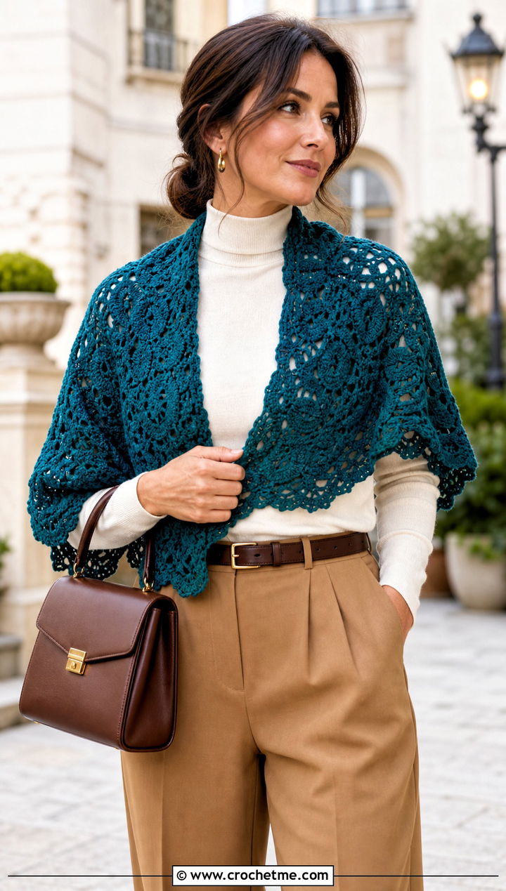 Crescent Irish Crochet Shawl With Pleated Trousers - 20 Irish Crochet Shawl outfit ideas
