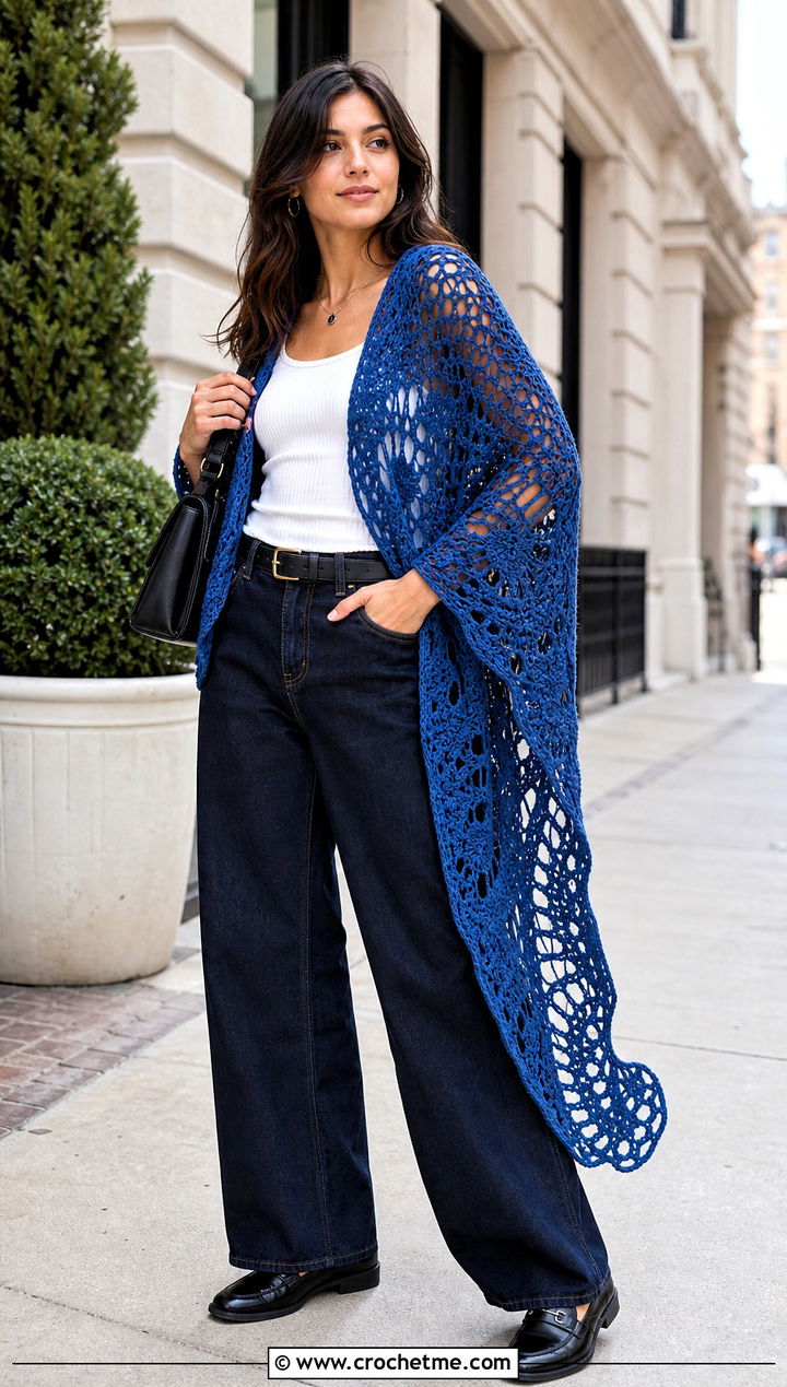 Crescent Lace Crochet Moon Shawl With Wide Leg Jeans - 15 Crochet Moon Shawl outfit ideas