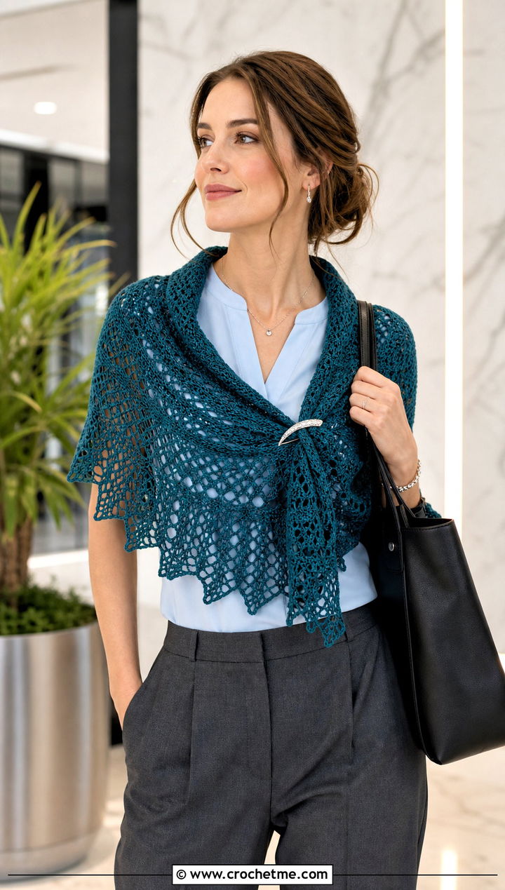 Crescent Lace Crochet Shawl With Tailored Trousers - 25 Lace Crochet Shawl outfit ideas