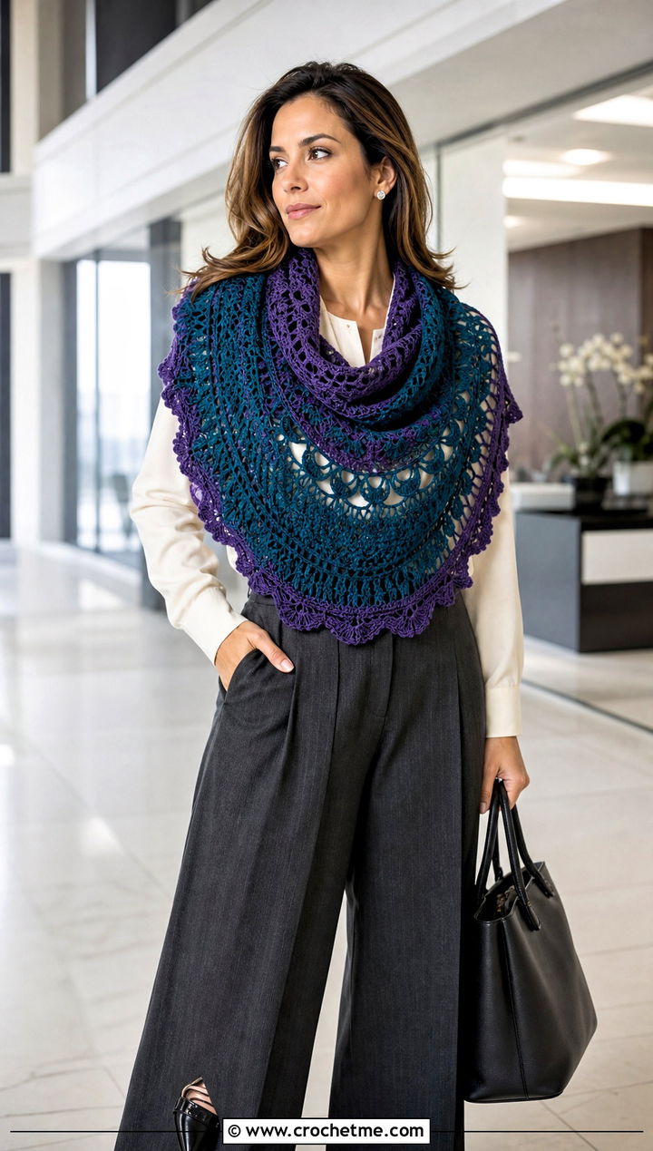 Crescent Mandala Yarn Crochet Shawl With Tailored Trousers - 15 Crochet Shawl Mandala Yarn outfit ideas