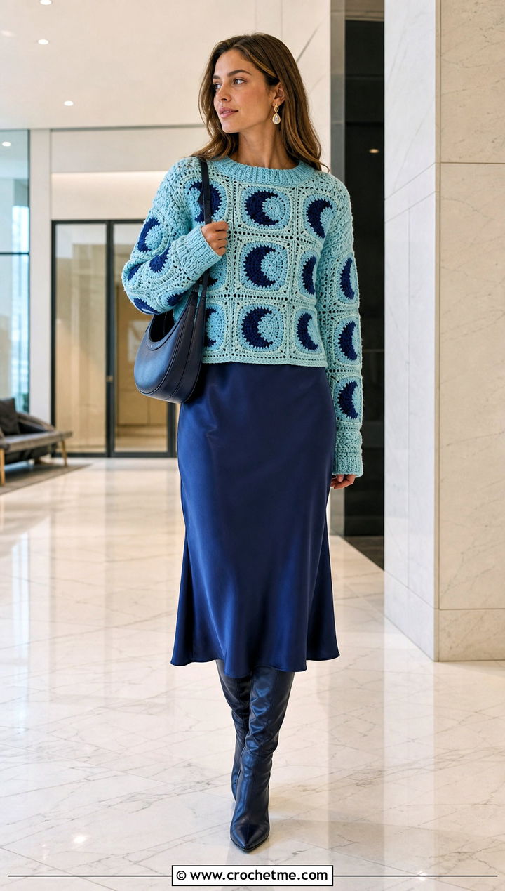 Crescent Moon Granny Square Halloween Sweater Over Slip Dress - 15 Crochet Granny Square Halloween Sweater outfit ideas