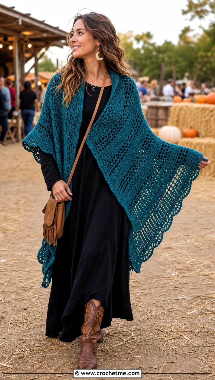 Crescent Moon Shawl With Maxi Dress and Western Boots - 25 halloween crochet shawl outfit ideas