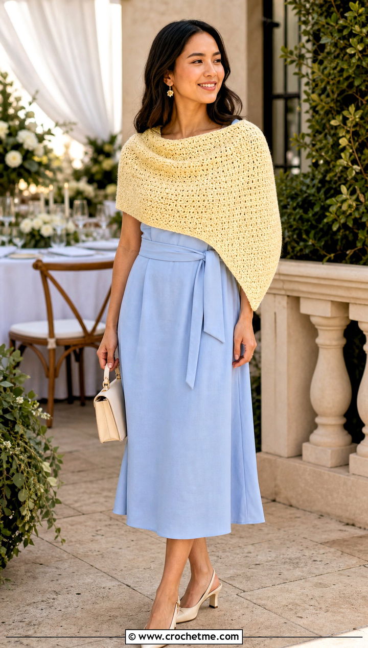 Crescent Moss Stitch Shawl With A Midi Dress - 25 Crochet Moss Stitch Shawl outfit ideas