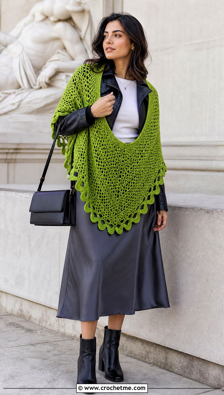 Crescent Prayer Shawl With Leather Jacket And Midi Skirt - 15 Crochet Prayer Shawl Amazing Grace outfit ideas