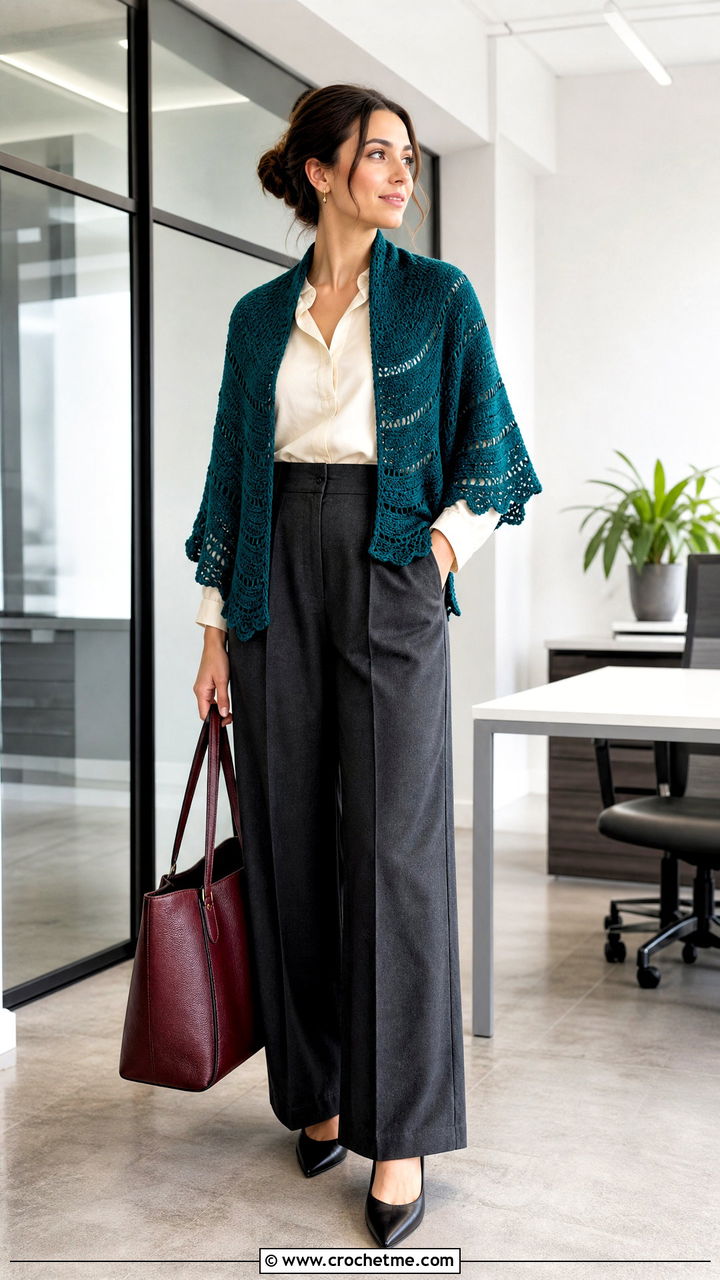 Crescent Prayer Shawl With Tailored Workwear - 35 crochet prayer shawl outfit ideas
