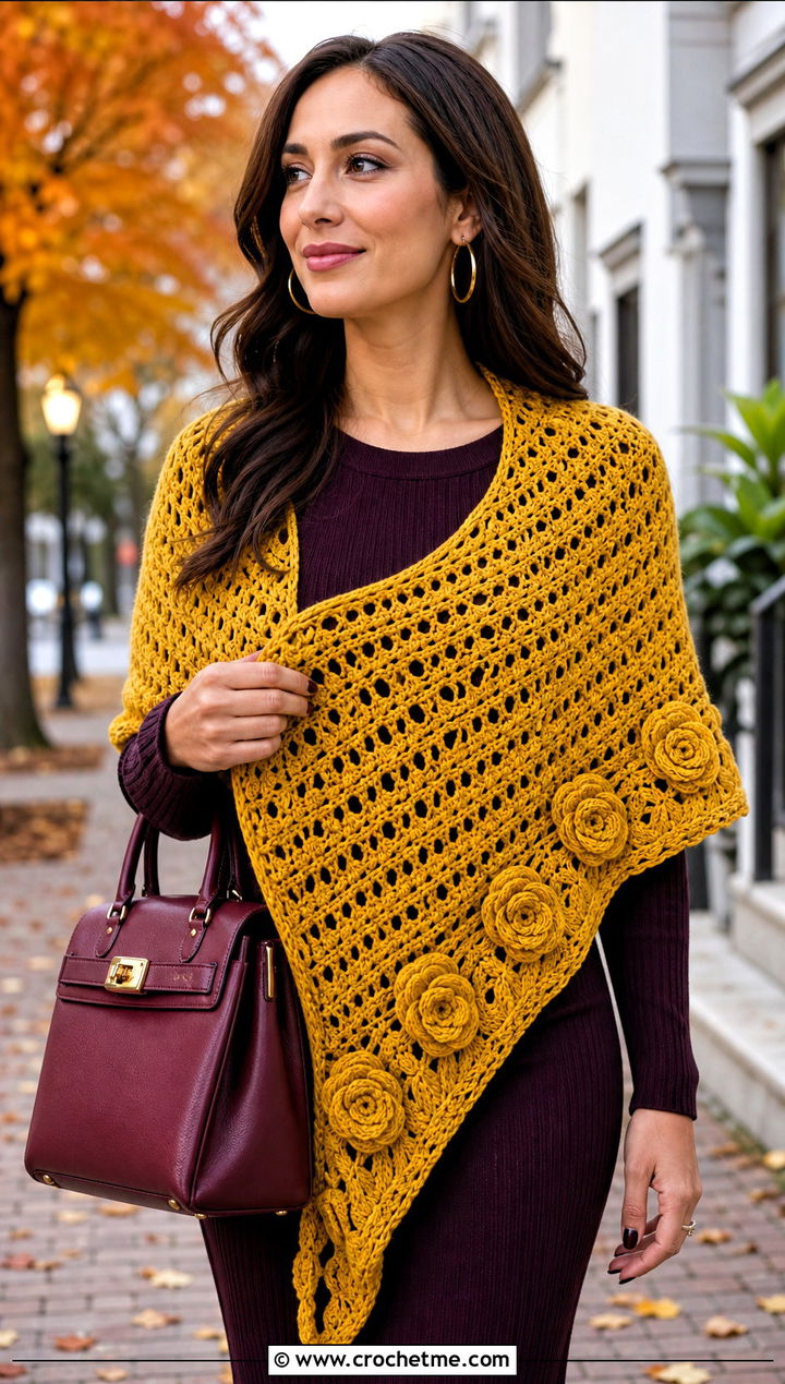Crescent Rose Shawl With Sweater Dress - 20 Crochet Rose Shawl outfit ideas