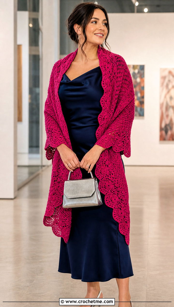 Crescent Shell Shawl With Satin Midi Dress - 20 Crochet Shell Shawl outfit ideas