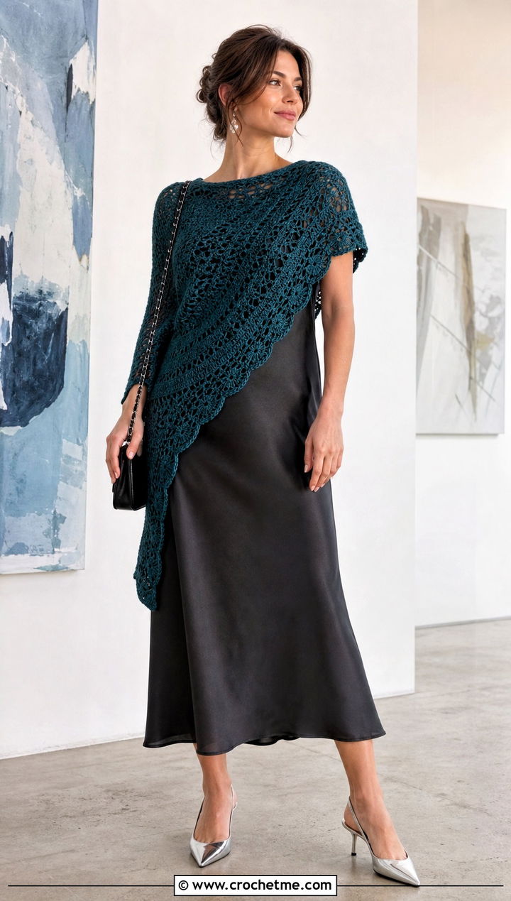 Crescent Sideways Crochet Shawl With Slip Dress - 25 Sideways Crochet Shawl outfit ideas