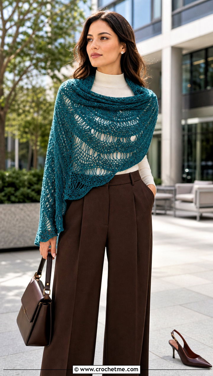 Crescent Spiderweb Crochet Shawl With Tailored Trousers - 30 spiderweb crochet shawl outfit ideas