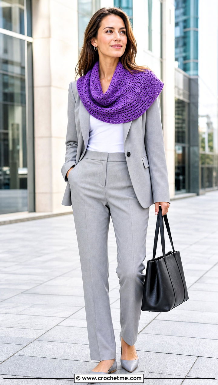 Crescent Tunisian Crochet Wrap With Blazer And Trousers - 25 Tunisian Crochet Wrap outfit ideas