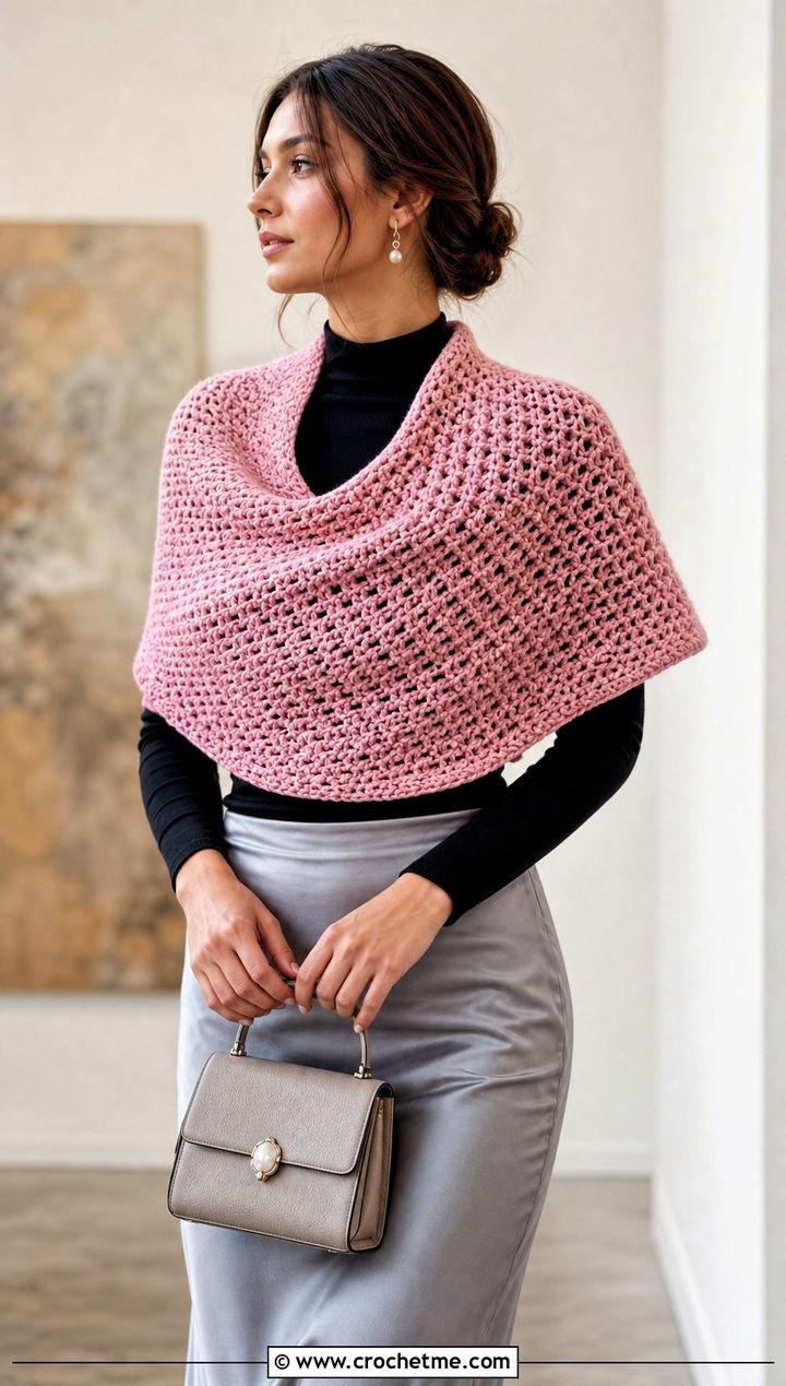 Crescent Waffle Crochet Shawl With Satin Midi Skirt - 15 Waffle Crochet Shawl outfit ideas