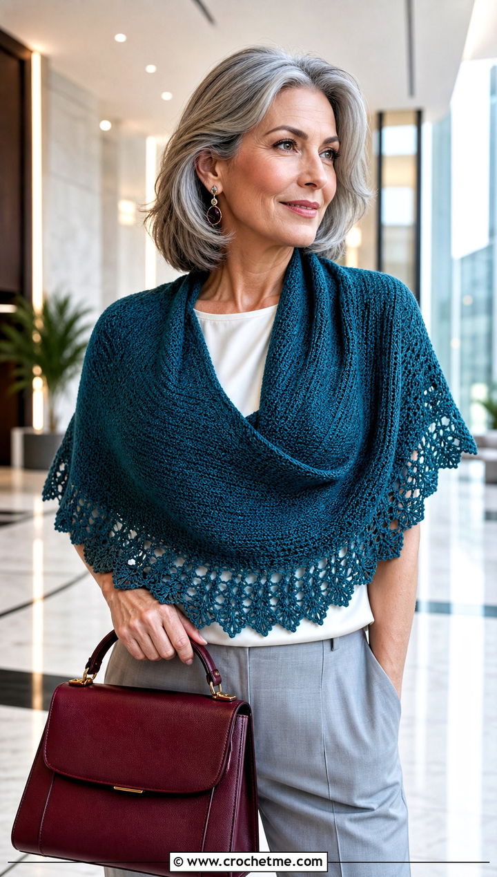 Crescent Wingspan Shawl With Tailored Trousers - 15 Crochet Wingspan Shawl outfit ideas