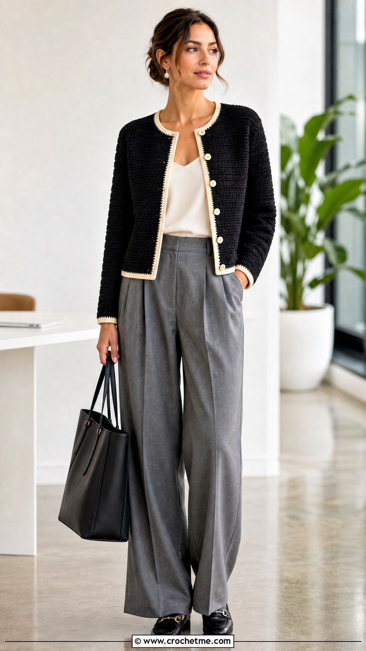 Crew Neck Black Crochet Cardigan With Pleated Trousers - 35 black crochet cardigan outfit ideas