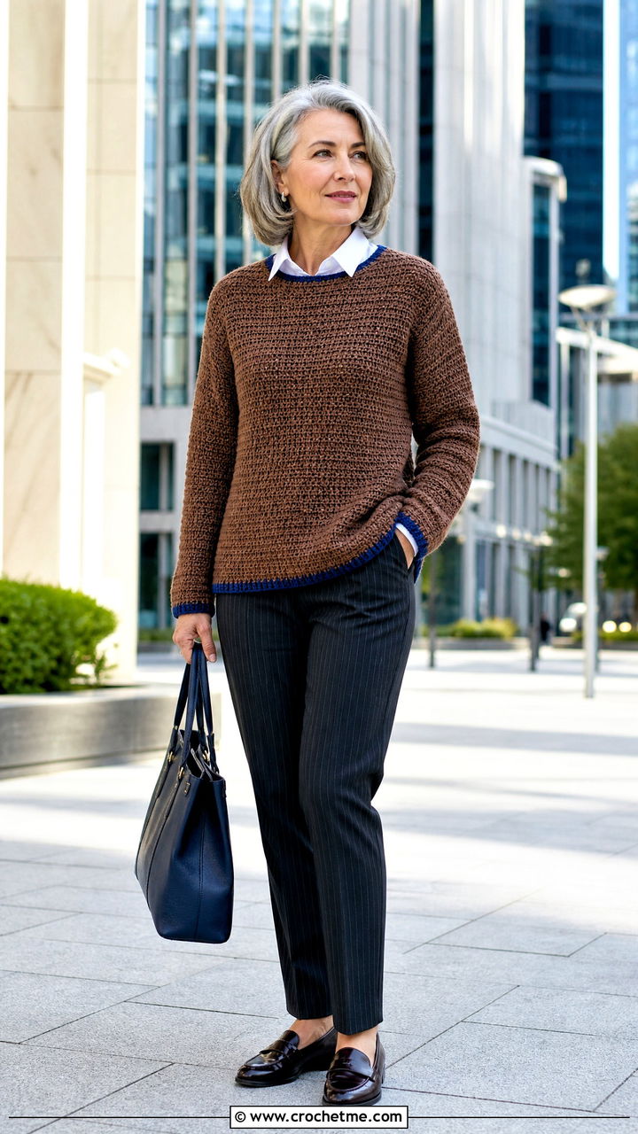 Crew Neck Brown Crochet Sweater With Pinstripe Pants - 35 crochet brown sweater outfit ideas
