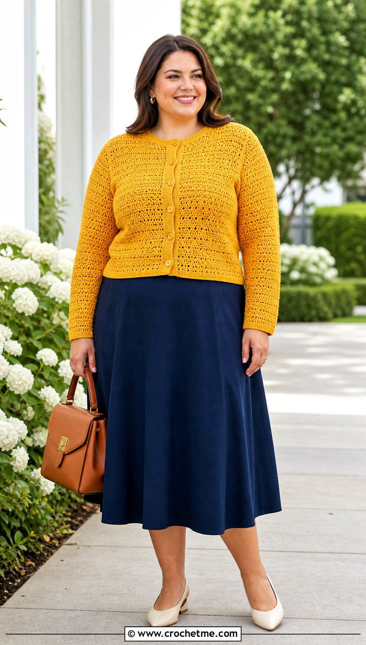 Crew Neck Crochet Cardigan With A Line Skirt - 30 crochet plus size cardigan outfit ideas