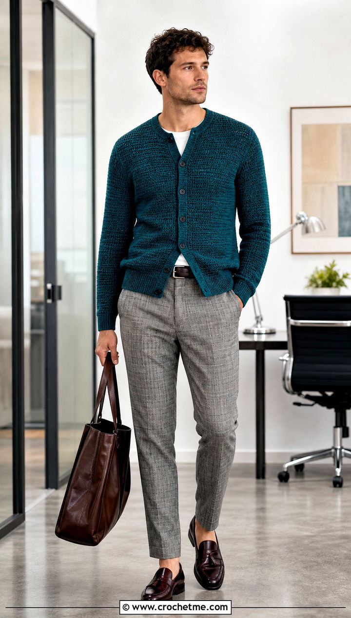 Crew Neck Crochet Cardigan With Check Trousers - 30 crochet man cardigan outfit ideas