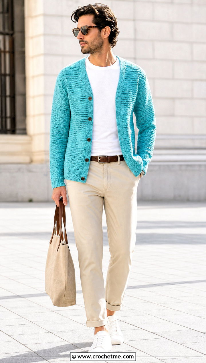 Crew Neck Crochet Cardigan With Chinos - 35 mens crochet cardigan outfit ideas