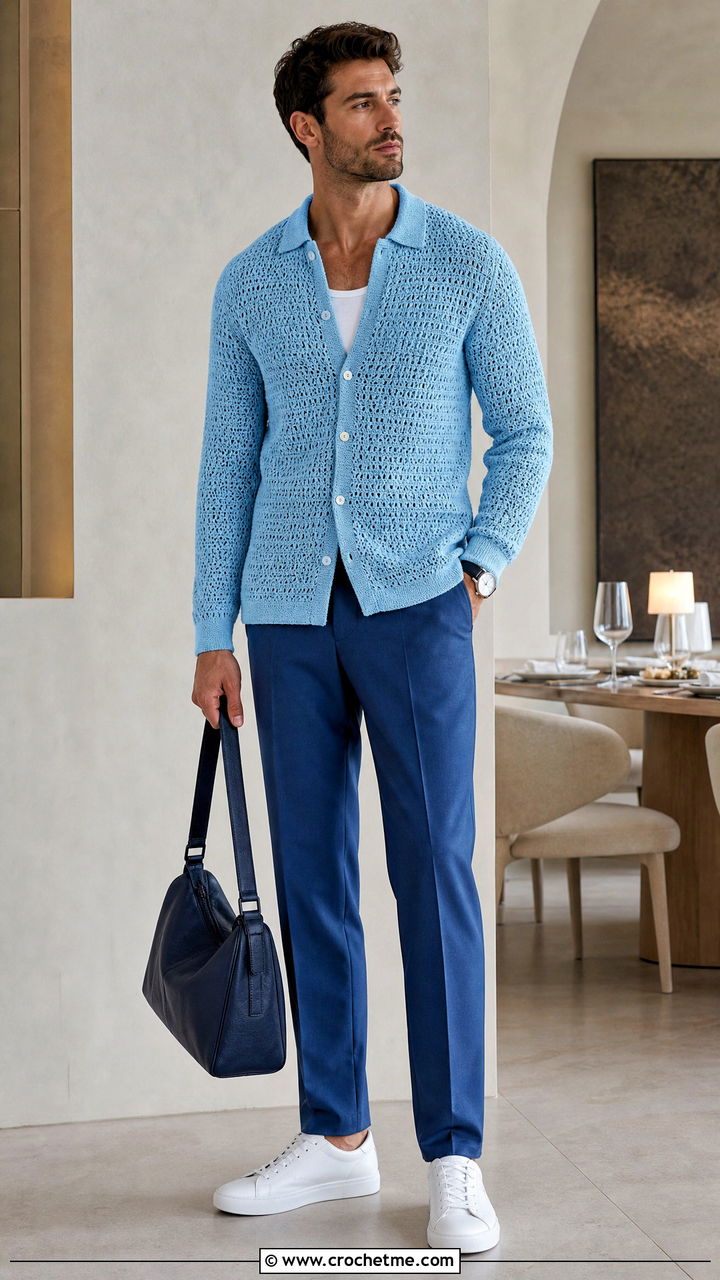 Crew Neck Crochet Cardigan With Matching Trousers - 35 crochet cardigan men outfit ideas