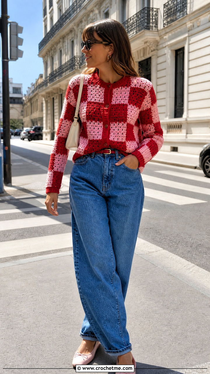 Crew Neck Crochet Checkered Cardigan With Barrel Jeans - 35 crochet checkered cardigan outfit ideas
