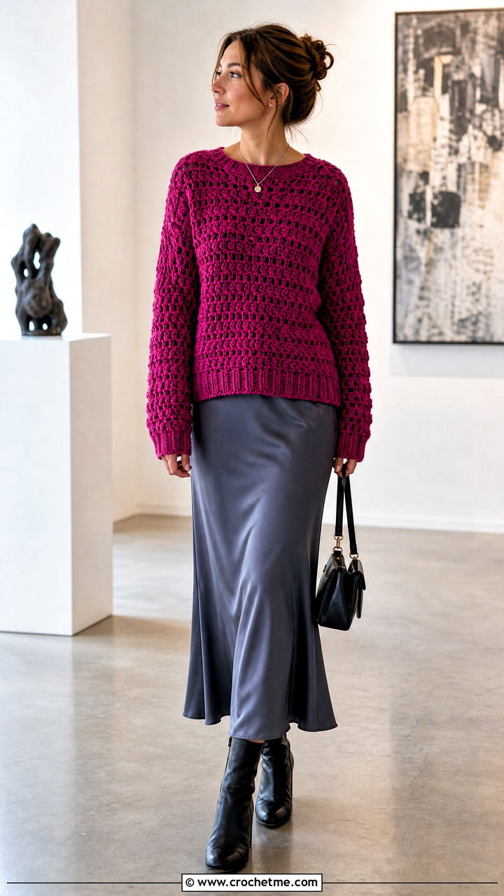 Crew Neck Crochet Chunky Sweater With Slip Dress - 35 crochet chunky sweater outfit ideas