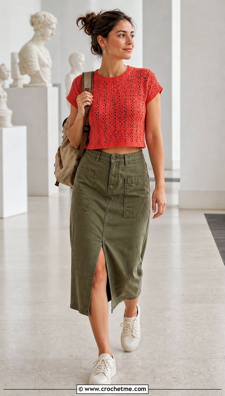 Crew Neck Crochet Cropped Shirt With Utility Skirt - 30 crochet cropped shirt outfit ideas