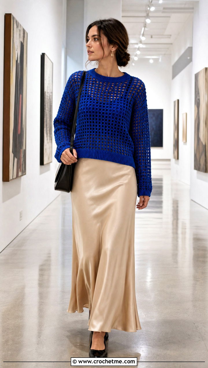 Crew Neck Crochet Grid Sweater With A Bias Maxi Skirt - 30 crochet grid sweater outfit ideas