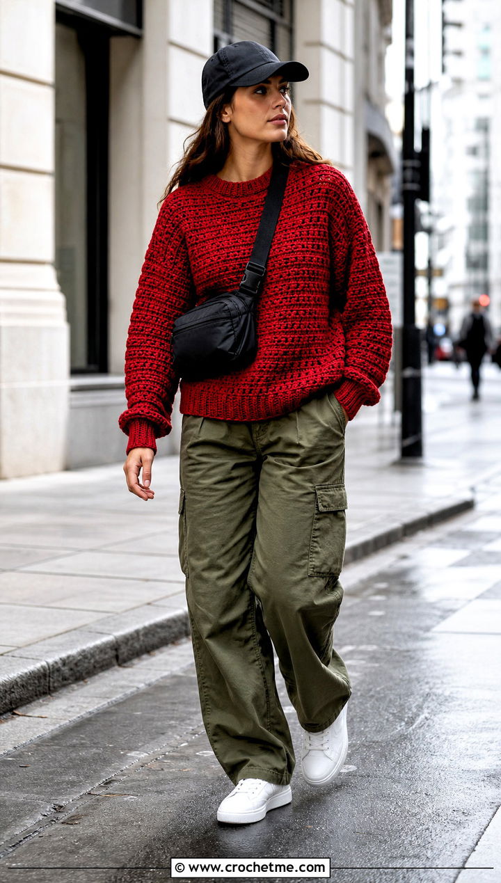 Crew Neck Crochet Jumper With Cargo Pants - 35 easy crochet jumper outfit ideas