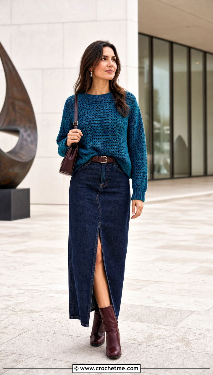 Crew Neck Crochet Jumper With Denim Maxi Skirt - 30 simple crochet jumper outfit ideas