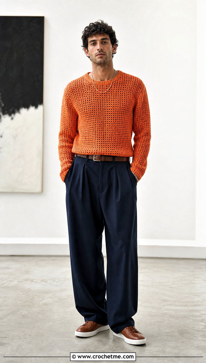 Crew Neck Crochet Jumper With Pleated Trousers - 25 mens crochet jumper outfit ideas