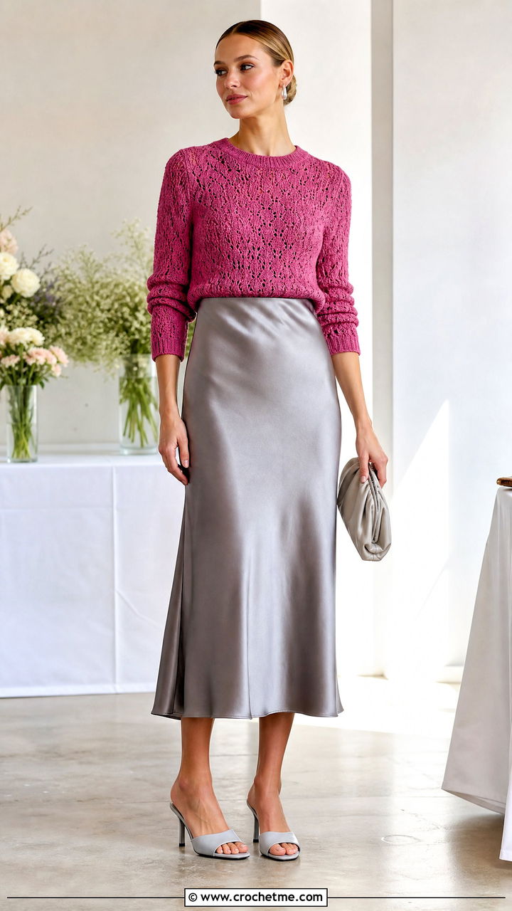 Crew Neck Crochet Jumper With Satin Midi Skirt - 35 crochet jumper outfit ideas