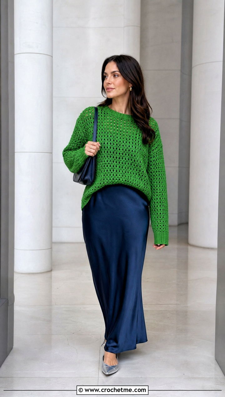 Crew Neck Crochet Jumper With Slip Dress - 25 Cute Crochet Jumper outfit ideas
