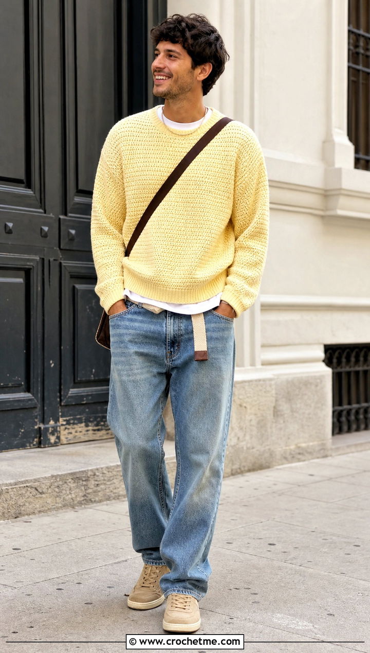 Crew Neck Crochet Jumper With Straight Leg Jeans - 35 men crochet jumper outfit ideas
