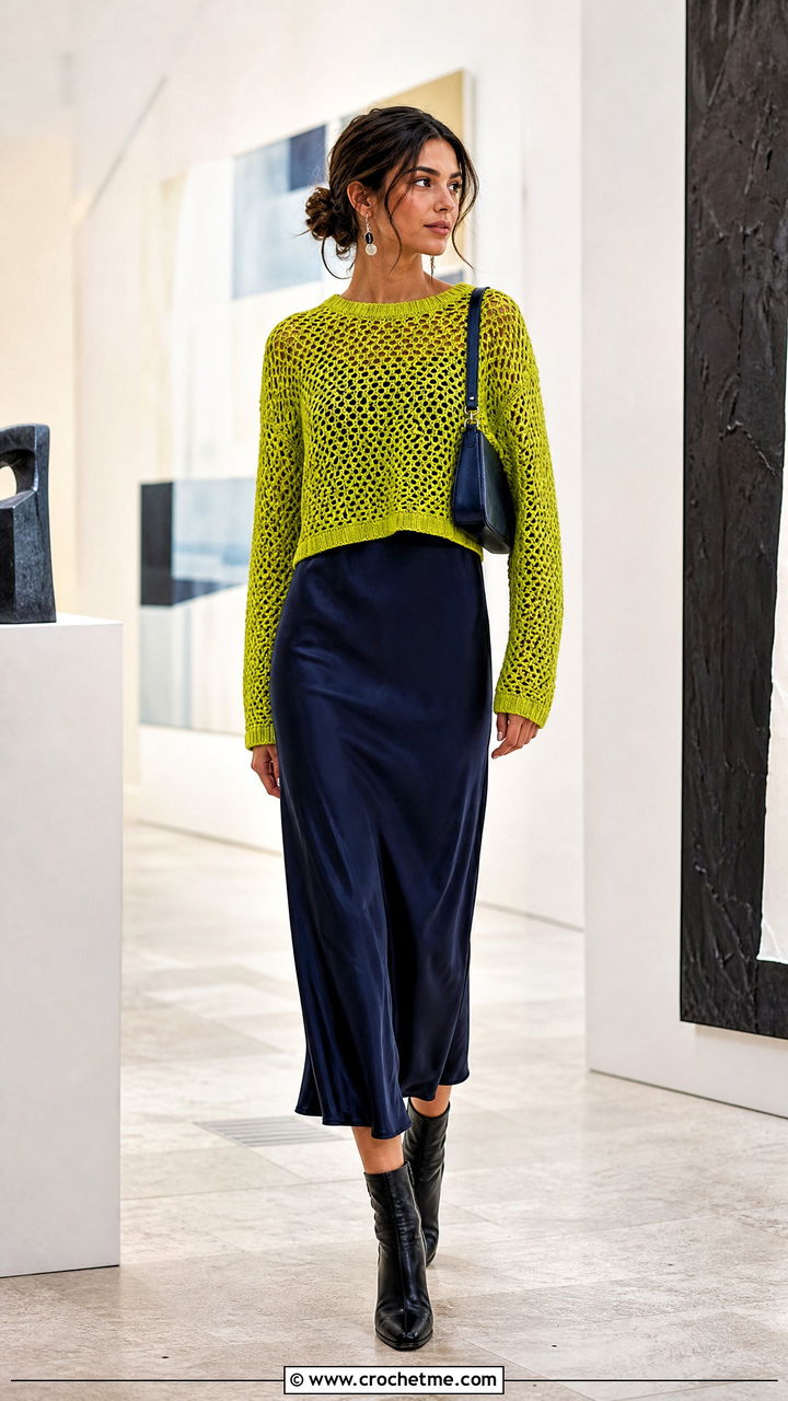 Crew Neck Crochet Mesh Sweater With Slip Dress - 35 crochet mesh sweater outfit ideas