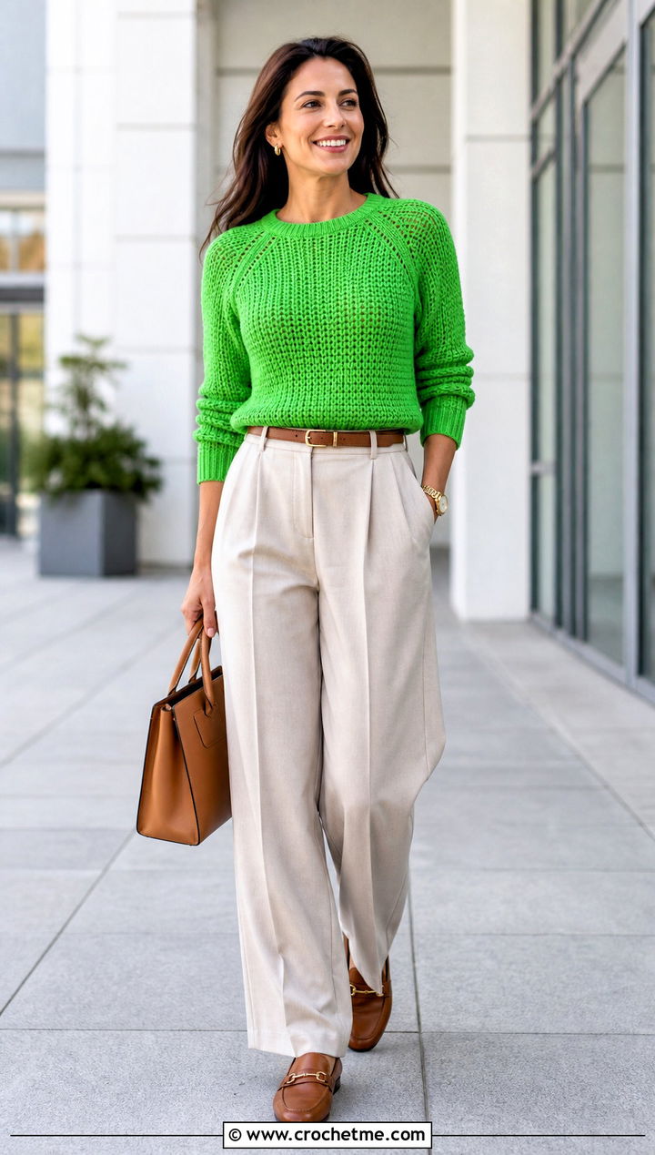 Crew Neck Crochet Raglan Sweater With Pleated Trousers - 35 crochet raglan sweater outfit ideas