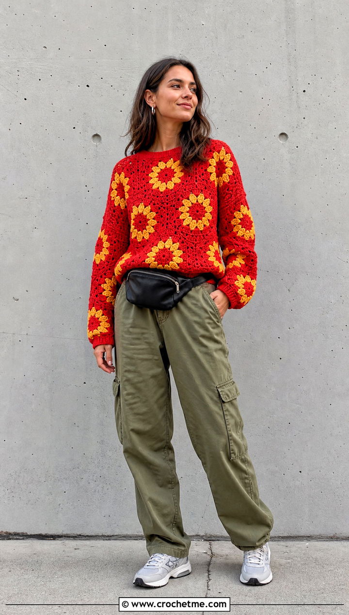 Crew Neck Crochet Sunflower Sweater With Cargo Pants - 35 crochet sunflower sweater outfit ideas