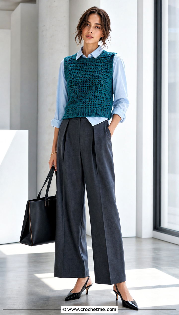 Crew Neck Crochet Sweater Vest With Pleated Trousers - 15 basic crochet sweater vest outfit ideas