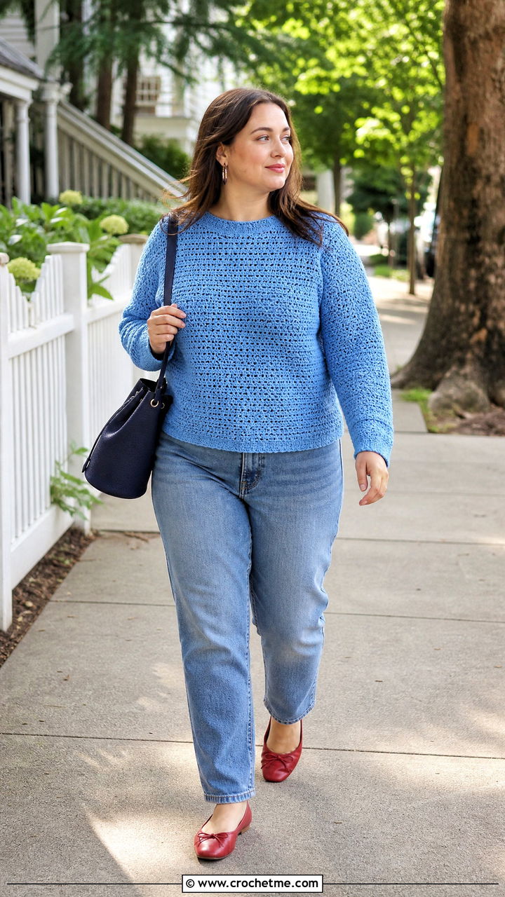 Crew Neck Crochet Sweater With Straight Jeans - 35 easy crochet sweater outfit ideas